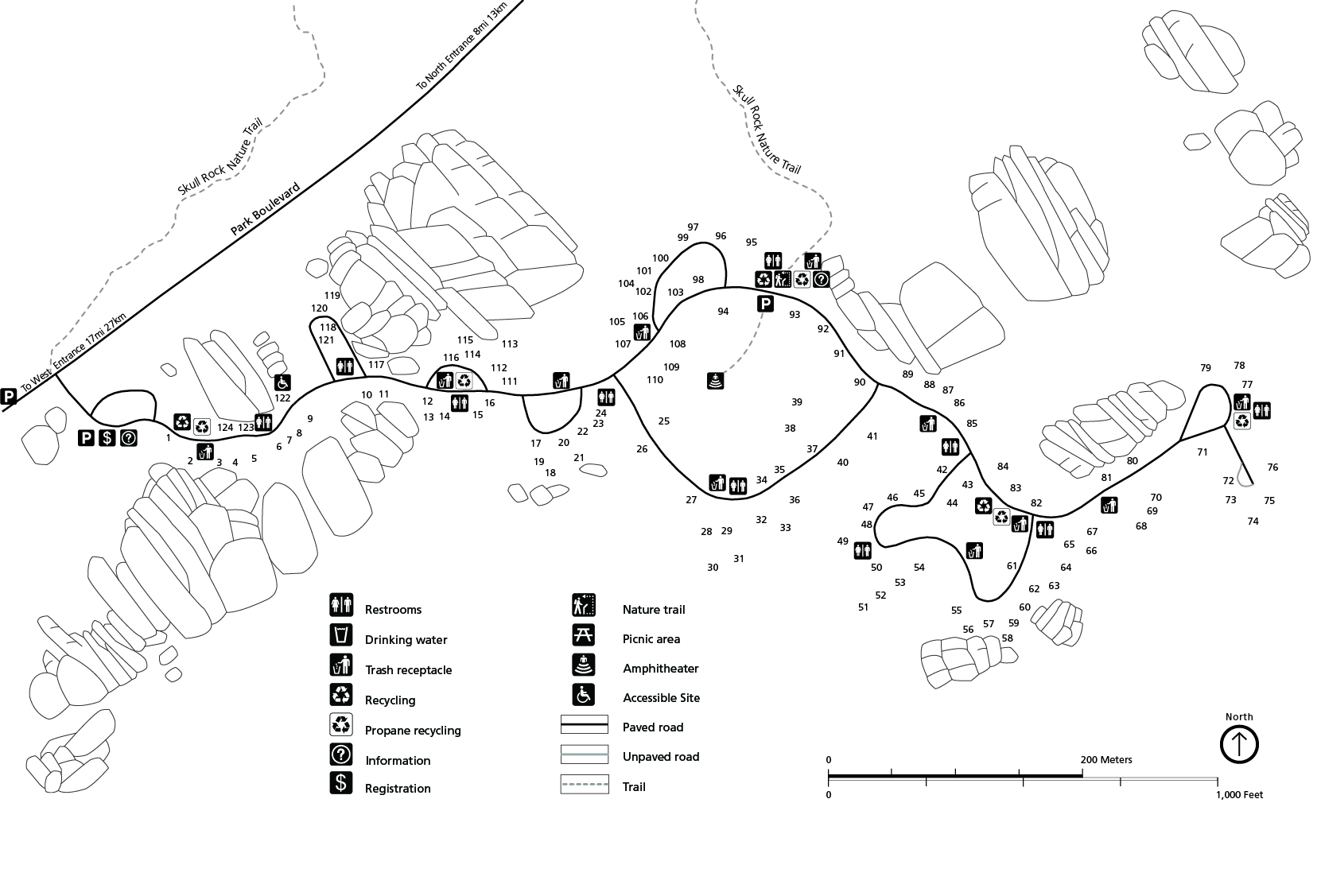 Official map of Jumbo Rocks Campground showing loops and site numbers