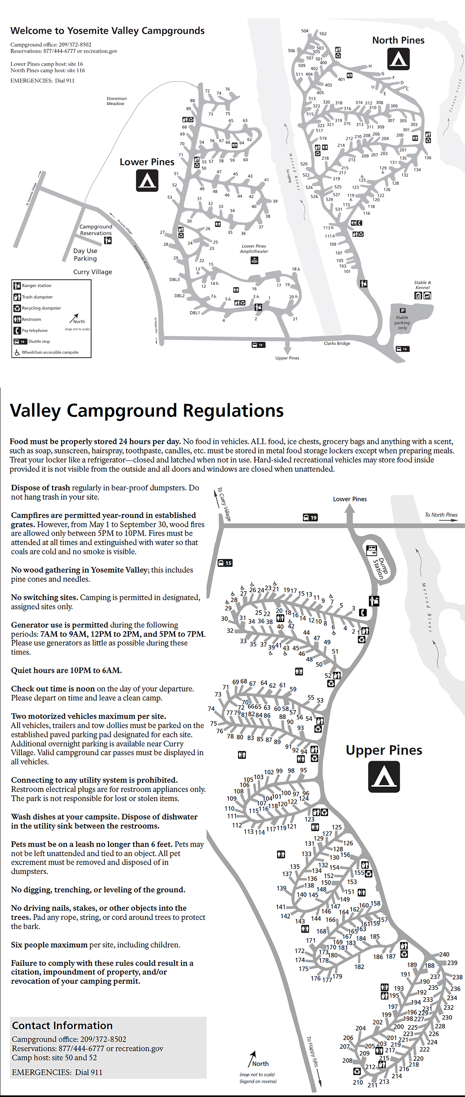 Official map of Upper Pines Campground showing loops and site numbers