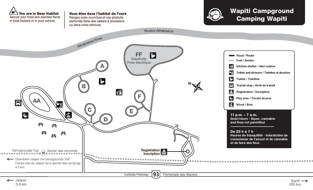 Official map of Wapiti Campground showing loops and site numbers