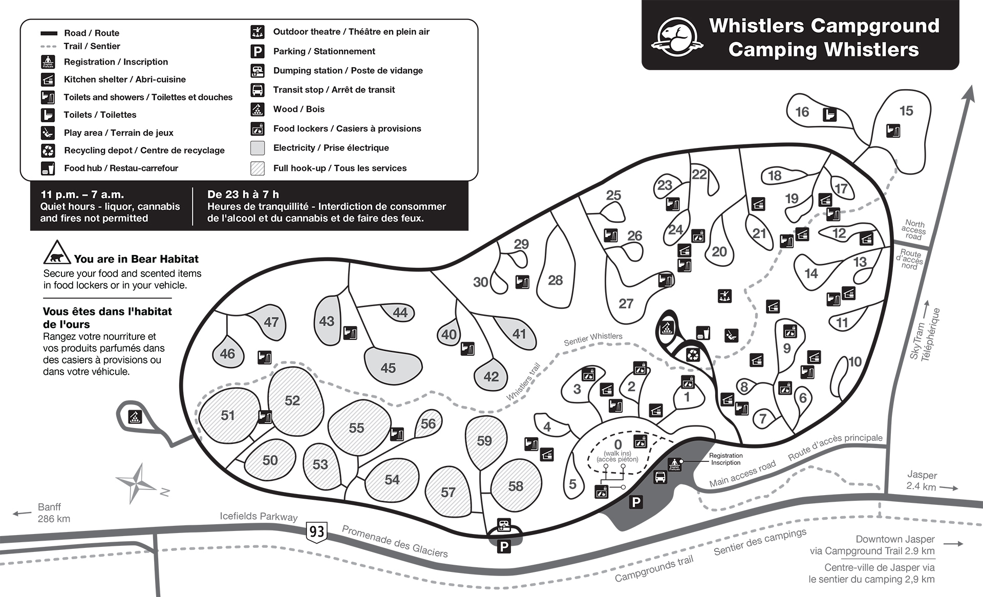 Official map of Whistlers Campground showing loops and site numbers
